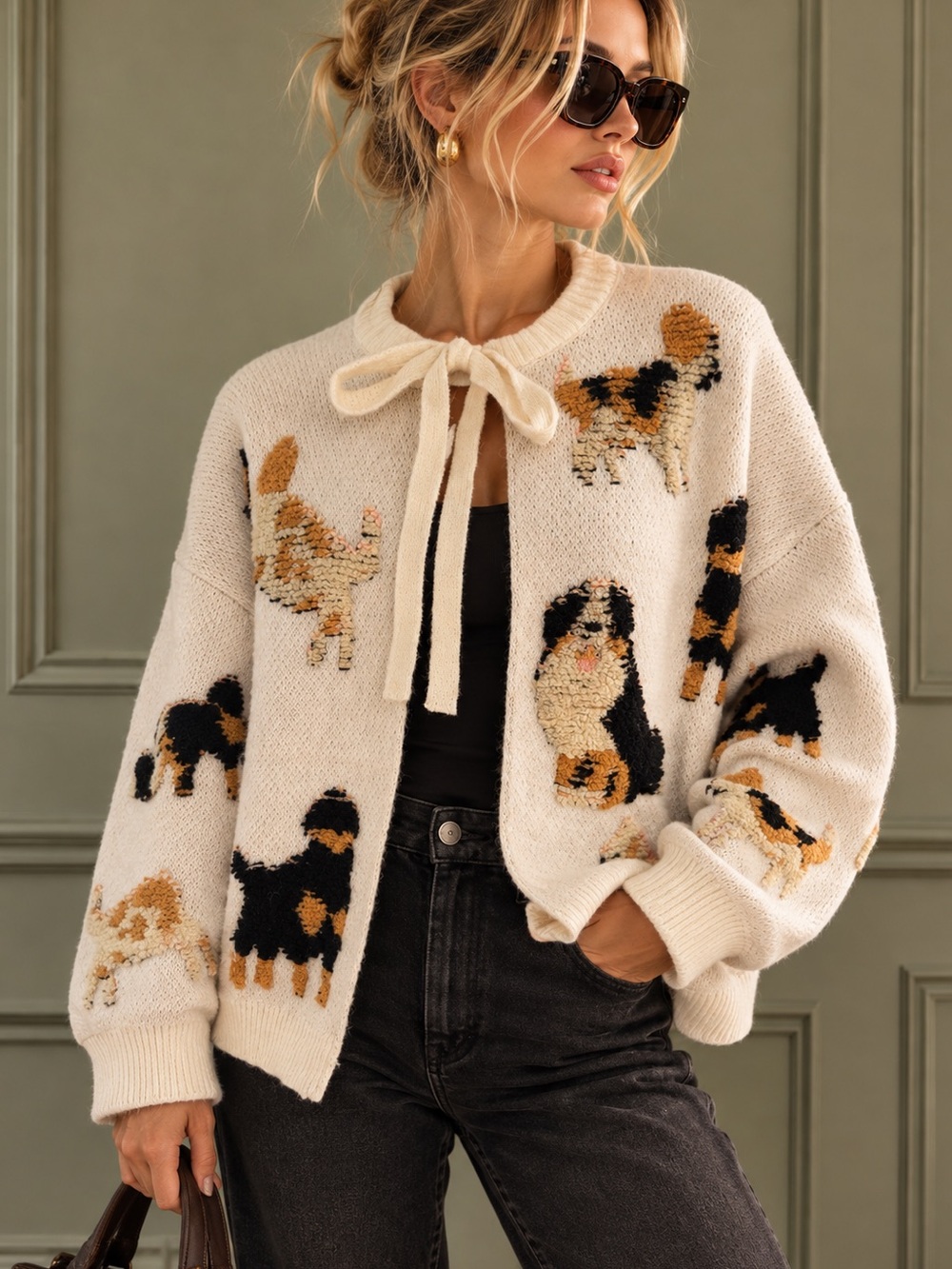 NWT Roffe Dogs Print White Cardigan Sweater Medium